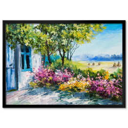 Obraz olejny - ogród z kolorowymi kwiatami przy domu