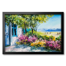 Obraz olejny - ogród z kolorowymi kwiatami przy domu
