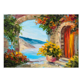Obraz olejny - dom blisko morza ozdobiony kolorowymi kwiatami