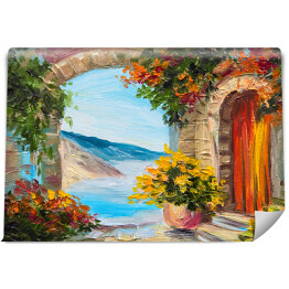 Obraz olejny - dom blisko morza ozdobiony kolorowymi kwiatami