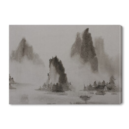 Chiński obraz - woda górska i łódź