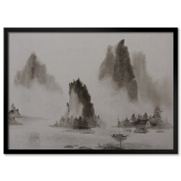 Chiński obraz - woda górska i łódź