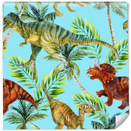 Dinozaury i tropikalna roślinność na niebieskim tle