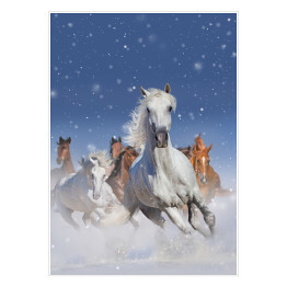 Stado koni biegnących szybko w śniegu