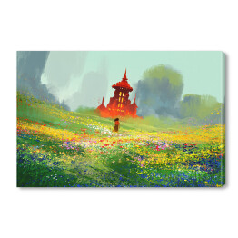 Kobieta na łące pełnej kwiatów naprzeciwko czerwonego zamku