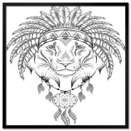 Lew w pióropuszu - czarno biała ilustracja