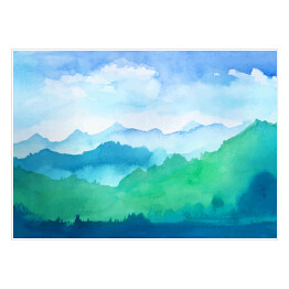 Góry w odcieniach błękitu i zieleni malowane akwarelą