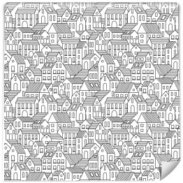 Ręcznie rysowane bezszwowe wzór z domów miejskich. Tło wektorowe w kolorze czarnym i białym.