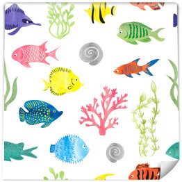 Kolorowe korale, wodorosty i ryby na białym tle