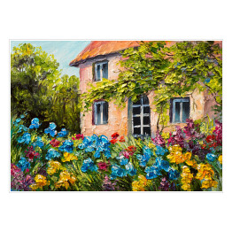 Obraz olejny - dom w ogrodzie kwiatowym