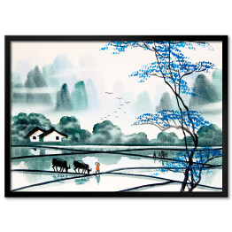 Chiński pejzaż - akwarela w odcieniach niebieskiego