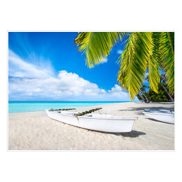 Biała plaża z turkusową wodą i palmami