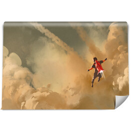 Chłopiec lecący w pochmurne niebo z rakietą