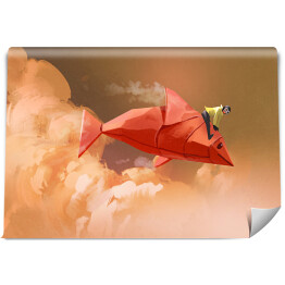 Dziewczynka lecąca wśród chmur na czerwonej rybie z papieru