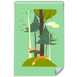 Letni krajobraz z drzewami, lisem i łosiem - ilustracja