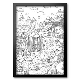 Piknik w lesie w pobliżu gór - ilustracja