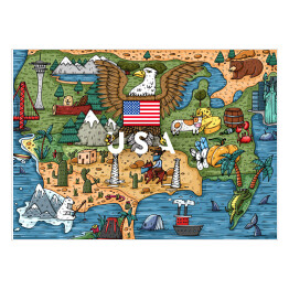 Rysowana mapa z najbardziej popularnymi atrakcjami USA