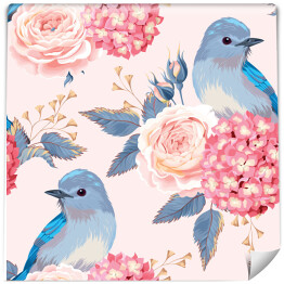 Ptaki wśród różowych kwiatów 