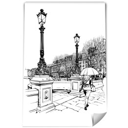 Paryski Nowy Most z zabytkowymi latarniami w deszczu