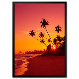 Zachód słońca na tropikalnej plaży z palmami w ciepłych barwach