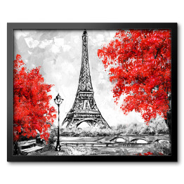 Widok na Paryż w czerwonym, białym i czarnym kolorze