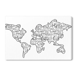Mapa świata na białym tle - czarne słowa "cześć" w różnych językach