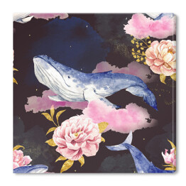 Wieloryby na różowych chmurach wśród kwiatów
