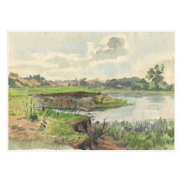 Łąka nad rzeką - akwarela