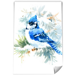 Akwarela - niebieski ptak wśród kwiatów