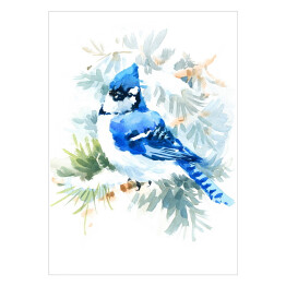 Akwarela - niebieski ptak wśród kwiatów