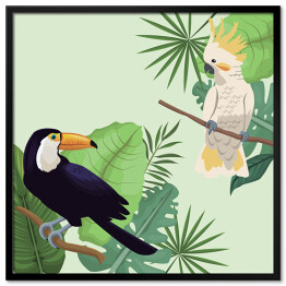 Kakadu i tukan na gałęziach egzotycznych drzew