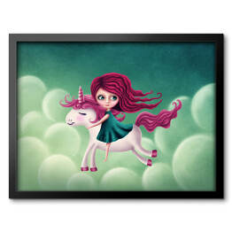 Dziewczynka lecąca na jednorożcu wśród puszystych chmur