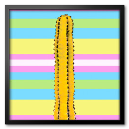 Żółty kaktus na tle w w kolorowe pasy