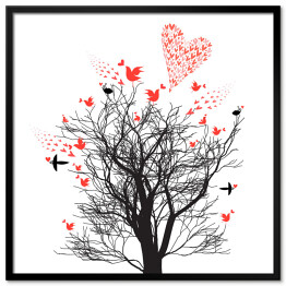 Ilustracja - drzewo ozdobione ptakami i sercami