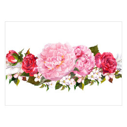 Różowa piwonia, róże i pióra - akwarela