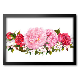 Różowa piwonia, róże i pióra - akwarela