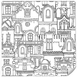 Wzór z ręcznie rysowane domy vintage doodle. Bezszwowe tło rysunkowe w kolorze czarnym i białym. Idealny druk do torby, notatnik, kolorowanki, kubek, pocztówka, t-shirt lub poster.eps8 ilustracja wektorowa