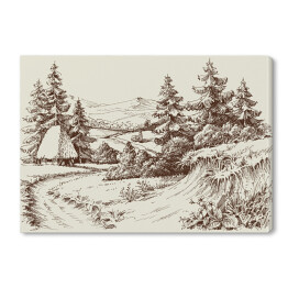 Rustykalny dom, krajobraz alpejski - szkic