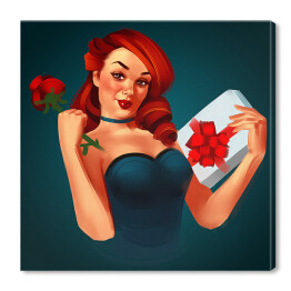 Czerwonowłosa kobieta trzymająca kwiat i prezent - ilustracja