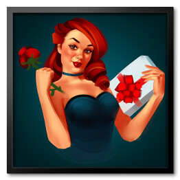 Czerwonowłosa kobieta trzymająca kwiat i prezent - ilustracja