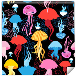 Kolorowe meduzy na czarnym tle
