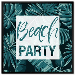 "Impreza na plaży" - typografia na tle liści palmowych