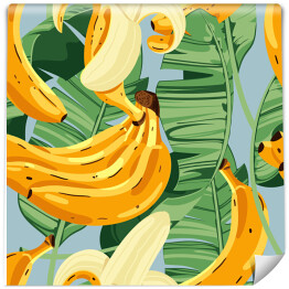 Tropikalne palmowe liście i banany na błękitnym tle 