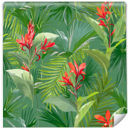 Tropikalne liście palmy i czerwone delikatne kwiaty