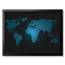 Mapa świata z błękitnych pierścieni na granatowym tle
