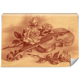 Skrzypce i róże narysowane na starym, brązowym papierze