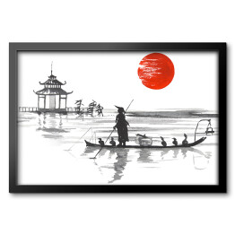 Tradycyjny japoński obraz - człowiek w łodzi