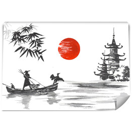 Tradycyjny japoński obraz - człowiek w łodzi oraz żuraw