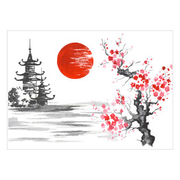 Tradycyjne japońskie malarstwo - świątynia i kwitnąca wiśnia