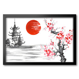 Tradycyjne japońskie malarstwo - świątynia i kwitnąca wiśnia